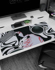 Mesmerizing 40x20 anime desk mat with flowing black and white curves, a feminine silhouette, and dreamlike red and grayscale accents