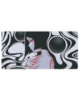 Surreal 32x16 mouse pad featuring flowing black and white curves and a mysterious feminine silhouette, with red and grayscale details