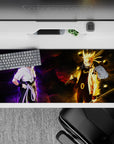 36x16 inches desk pad with Naruto and Sasuke in an epic confrontation, showcasing their fierce rivalry and unbreakable bond.