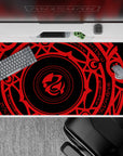 High School DxD desk pad featuring Gremory magic circle, 40x20 inches, vivid crimson symbols on black background.