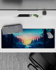32x12 inches mouse pad showcasing a forest sunrise with towering pines and a river, adding tranquility and nature to your desk.