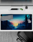 32x16 inches mouse pad featuring a forest sunrise with towering pines and a river, creating a tranquil, outdoor-inspired workspace.