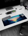 Artistic 32x12 inches mouse pad featuring a serene forest sunrise, towering pines, and a river for a calming workspace.