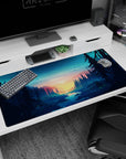 Large 40x20 inches mouse pad showcasing a serene forest sunrise with pines and a river, adding tranquility to your workspace.