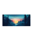 Mouse pad with a forest sunrise, 28x12 inches, featuring towering pines and a peaceful river for a nature-inspired look.