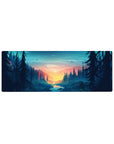 Compact 32x12 inches mouse pad featuring a forest sunrise, towering pines, and a peaceful river for a serene workspace look.