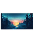 Mouse pad with a forest sunrise, 32x16 inches, showcasing towering pines and a peaceful river for a serene vibe.