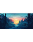Mouse pad featuring a forest sunrise, 36x16 inches, with towering pines and a peaceful river for a nature-inspired vibe.