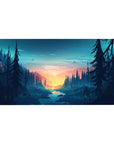 Mouse pad featuring a forest sunrise, 40x20 inches, with towering pines and a serene river for a calming nature vibe.