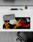 Anime mouse pad 28x12 inches featuring Chainsaw Man's Aki and Angel Devil under a glowing moon with roses and soft halo.