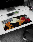 Anime mouse pad 32x16 inches featuring Chainsaw Man's Aki and Angel Devil, with a glowing moon, roses, and a soft halo.