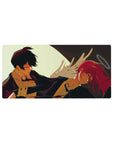Chainsaw Man mouse pad featuring Aki and Angel Devil with glowing moon, roses, and warm hues, size 32x16 inches.