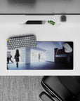 28x12 inches anime mouse pad in cool blues and pale grays, calm morning light, dreamy lonely warmth.