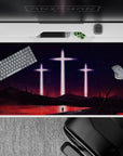 Anime mouse pad 40x20 inches, featuring Evangelion's blood-red sea and crosses, evoking the haunting final act.