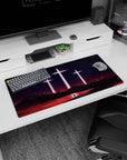 Anime mouse pad 32x16 inches with blood-red sea and glowing crosses from Evangelion's final act, deep purples and crimson.