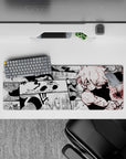 32x12 inches anime mouse pad in heavy blacks and dusty whites with sharp red splatter for intense mood.