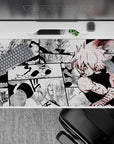 40x20 inches anime desk pad in heavy blacks and dusty whites with sharp red splatter, intense mood.