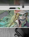Calm summer-lazy anime desk pad 40x20 inches in soft grass tones, smooth gradients, and drifting sparks.