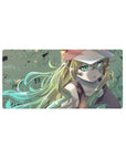 32x16 inches anime girl mouse pad with dreamy blonde girl, green eyes, cap, and smooth gradients.