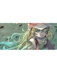 36x16 inches anime girl desk pad with blonde hair, green eyes, cap, and relaxed summer outfit.
