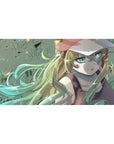 Dreamy blonde anime girl desk pad 40x20 inches with mint-gold hair, green eyes, and cute cap design.