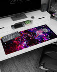 Artistic 36x16 inches mouse pad showcasing Akame with cosmic power, blending nebula tones and deadly focus for a Black and red design.