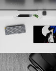 Persona 3 mouse pad featuring protagonist in black suit with blue hair and moon backdrop, 14x10 inches. Bold and stylish.