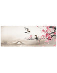 Compact 32x12 inches mouse pad with plum blossom and bird design, blending delicate pink blooms and a serene bridge for a calming workspace.