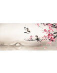 Desk pad featuring plum blossom and bird design, 36x16 inches, with delicate pink flowers and a serene bridge surrounded by peaceful mist.
