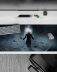 Sleek 36x16 inch desk pad featuring Goku's shadowy aura and dramatic presence for anime enthusiasts