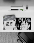 28x12 inch anime mouse pad featuring Sasuke Uchiha from Naruto in black-and-white manga style, delivering the line "I’m in hell."