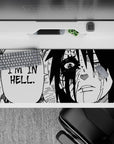 Sasuke Uchiha desk pad, 36x16 inches, featuring iconic black-and-white manga panel from Naruto, intense and dramatic scene.