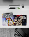 Anime desk pad 28x12 inches with yellow, white, and crimson cosmic art in a tense dreamy mood.