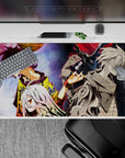 Anime desk pad 40x20 inches in yellow, white, and lavender with dark space and crimson sky mood.