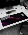 Artistic 36x16 inches desk pad featuring neon light design, with pink and red streaks on a deep starry backdrop for a dynamic, futuristic look.