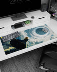 Artistic 36x16 inches desk pad featuring the heroine from Fate/Stay Night, blending divine sword energy and a cosmic, swirling sky.