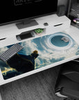 Large 40x20 inches desk pad featuring the heroine from Fate/Stay Night, her sword gleaming as the sky swirls with divine energy and cosmic beauty.
