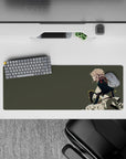 Olive-gray anime mouse pad 32x12 inches with calm fierce vibe, cream skirt, dark cape, red ribbon.