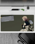 32x16 inches anime girl mouse pad in soft olive-gray tones, cream skirt, dark cape, and red ribbon accent.