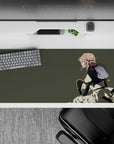 36x16 inches anime mouse pad in soft olive-gray with cream skirt, dark cape, and dramatic red ribbon.