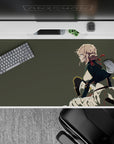 Moody olive-gray anime desk pad 40x20 inches with soft painterly folds, clean contrast, cozy glide.