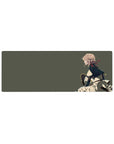 Anime girl mouse pad 32x12 inches with blonde heroine crouched in profile, cape and cream skirt.