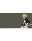 36x16 inches anime girl desk pad with blonde heroine in profile, cape and skirt on olive-gray backdrop.