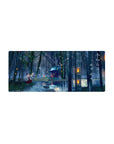 Mouse pad featuring mystical bamboo forest, 28x12 inches, with glowing lanterns and floating papers for a serene vibe.