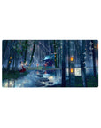Mouse pad featuring bamboo forest, 32x16 inches, with glowing lanterns and floating papers for a peaceful, enchanted atmosphere.