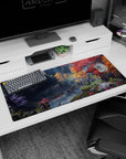 Artistic 36x16 inches mouse pad with an enchanted forest, vibrant autumn colors, and a peaceful stream for a tranquil escape.