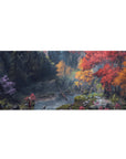 Mouse pad featuring an enchanted forest, 36x16 inches, with autumn colors, a peaceful stream, and magical light for tranquility.
