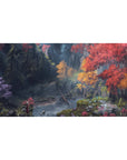 Mouse pad featuring an enchanted forest, 40x20 inches, with vibrant autumn colors and a peaceful stream for tranquility.