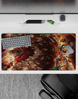 Attack on Titan mouse pad, size 32x16 inches, featuring Eren, Mikasa, and Armin in a fiery battle scene against a titan.