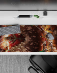 Attack on Titan desk pad 36x16 inches featuring Eren, Mikasa, and Armin in a dynamic battle scene with vivid colors.